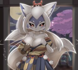  1girl animal_ears black_sclera blush breasts cherry_blossoms cleavage closed_mouth colored_sclera commentary_request cowboy_shot expressionless full_moon furry furry_female grey_skirt hair_ribbon hakurou_(onmyoji) high_ponytail japanese_clothes kimono large_breasts lets0020 long_hair looking_at_viewer moon night off_shoulder onmyoji red_eyes red_ribbon ribbon skirt slit_pupils solo tail tail_wagging tree white_hair wolf_ears wolf_girl wolf_tail yagasuri yellow_kimono 
