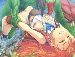 1girl arm_grab bottomless breasts censored clenched_teeth cum cum_in_pussy dark_matrix empty_eyes green_eyes holding_another&#039;s_wrist huge_tongue long_hair monster moonshell nipples orange_hair ragnarok_online rape restrained saliva sex small_breasts super_novice_(ragnarok_online) tears teeth tongue torn_clothes vaginal water rating:Explicit score:250 user:TiTaNz