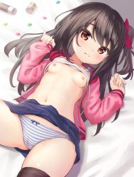  1girl adachi_tenka arms_up ass bed black_hair black_thighhighs blue_skirt blush bow bow_panties breasts cameltoe cleft_of_venus clothes_lift highres jacket jewelry loli long_hair looking_at_viewer lying miniskirt navel necklace nipples no_bra on_back orisu_atto panties pink_jacket red_eyes ribbon shirt_lift shoujo_ramune side_ponytail skirt skirt_lift small_breasts smile solo striped_clothes striped_panties tank_top thighhighs thighs underwear white_tank_top  rating:Questionable score:300 user:danbooru