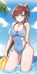  1girl absurdres black_survival breasts brown_hair cleavage collarbone commentary_request competition_swimsuit covered_navel fiora_pellerin green_eyes highleg highleg_swimsuit highres jewelry kisa_(leg3043) korean_commentary large_breasts long_hair looking_at_viewer one-piece_swimsuit partially_submerged pendant ponytail solo swimsuit  rating:Sensitive score:31 user:danbooru