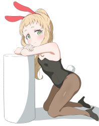  1girl absurdres animal_ears bare_shoulders blonde_hair blush breasts closed_mouth crust_gm0 dot_nose fake_animal_ears fake_tail female_focus full_body green_eyes heels highres inose_mai kneeling koisuru_asteroid legs leotard long_hair looking_at_viewer no_bra pantyhose rabbit_ears simple_background small_breasts solo tail white_background 
