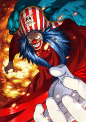  1boy blue_hair buggy_the_clown clenched_teeth clown_nose commentary commentary_request english_commentary facepaint facial_hair gloves hat highres long_hair looking_at_viewer male_focus mixed-language_commentary oda_eiichirou official_art one_piece pirate_hat red_nose sideburns skull_and_crossbones smile solo teeth white_gloves 