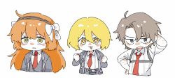  1boy 2girls :3 :d alternate_skin_color arm_up blonde_hair blush_stickers bow brown_hairband chest_harness don_quixote_(project_moon) hairband harness heathcliff_(project_moon) highres ishmael_(project_moon) limbus_company long_hair multiple_girls necktie open_mouth orange_hair project_moon purple_eyes red_necktie rnaro_maro rope shirt short_hair short_sleeves sidelocks smile very_long_hair white_bow white_shirt yellow_eyes 