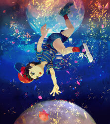 1boy black_eyes black_hair blue_footwear blue_shorts chichi_band earth_(planet) falling flower full_body male_focus moon mother_(game) mother_1 ninten nintendo open_mouth planet reaching red_headwear red_socks rose shirt short_sleeves shorts socks solo striped_clothes striped_shirt upside-down