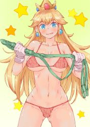 1girl :q bare_arms bare_legs bikini blonde_hair blue_eyes breasts breasts_apart collarbone commentary_request covered_erect_nipples cowboy_shot crown earrings gloves hands_up head_tilt holding holding_whip jewelry large_breasts licking_lips lips long_hair looking_at_viewer mario_(series) navel nintendo princess_peach smile solo standing star_(symbol) stomach striped_bikini striped_clothes swimsuit tongue tongue_out uniskie_saabunrou whip white_gloves