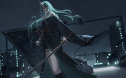  1girl alternate_costume arknights bare_shoulders bike_shorts black_dress black_footwear boots buckle car city closed_mouth collar collarbone dress feet_out_of_frame green_hair ground_vehicle hannya highres holding holding_shield holding_sword holding_weapon horns hoshiguma_(arknights) katana knee_boots long_hair long_sleeves looking_at_viewer motor_vehicle night night_sky obi oni_horns outdoors photoshop_(medium) sash shield single_horn skin-covered_horns sky solo standing sword thigh_strap very_long_hair weapon wide_sleeves xukong yellow_eyes 