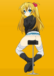  10s 1girl :o amatsuka_rikka ass baby_princess blue_eyes boots brown_hair full_body hair_bobbles hair_ornament jacket kusaka_souji long_hair looking_at_viewer no_panties orange_background simple_background sitting solo stool thighhighs twintails white_thighhighs  rating:Questionable score:35 user:danbooru