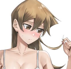  1girl bare_shoulders blonde_hair blush bra breasts brown_eyes closed_mouth collarbone hair_between_eyes lingerie long_hair medium_breasts rourou_ill simple_background solo straight_hair tenjouin_asuka underwear underwear_only white_background white_bra yu-gi-oh! yu-gi-oh!_gx 