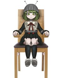 1girl apron black_dress black_footwear blush bound bound_arms bound_torso bound_wrists bow bowtie calf_socks closed_mouth collar danganronpa_(series) danganronpa_another_episode:_ultra_despair_girls dress electric_chair execution female_focus frilled_apron frilled_dress frills full_body green_eyes green_hair highres hoshisnail loli long_sleeves looking_at_viewer neck_ribbon pleated_dress red_bow red_ribbon ribbon simple_background sitting smile solo strapped_down tied_to_chair towa_monaca white_background white_collar white_footwear wooden_chair