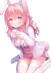 1girl :o animal_ears breasts camisole choker cleavage collarbone commentary_request criss-cross_halter cup hair_between_eyes halterneck highres holding holding_cup jacket large_breasts long_hair long_sleeves looking_at_viewer mug no_shoes open_clothes open_jacket original parted_lips pink_camisole pink_choker pink_eyes pink_hair pink_shorts rabbit_ears rabbit_girl rabbit_tail sakura_(usashiro_mani) short_shorts shorts simple_background sitting sleeves_past_wrists solo tail thighhighs usashiro_mani wariza white_background white_jacket white_thighhighs rating:Sensitive score:15 user:danbooru