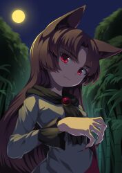  1girl absurdres animal_ears bamboo bamboo_forest black_scarf brown_hair closed_mouth commentary_request double_dealing_character dress fang fingernails forest full_moon hand_up highres imaizumi_kagerou long_fingernails long_hair looking_at_viewer moon moonlight nature night outdoors parted_bangs punidayo red_eyes red_nails scarf smile solo touhou upper_body white_dress wolf_ears wolf_girl 