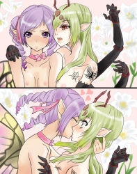  2girls arthropod_girl blush breasts bug butterfly flower gackt-c green_hair insect kiss large_breasts lilies lily_(flower) monster_girl multiple_girls original pointy_ears purple_hair spider surprised wings yuri 