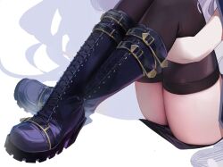  1girl belt_boots black_thighhighs blue_archive boots cross-laced_footwear feet foot_focus hina_(blue_archive) hugging_own_legs knees_up lace-up_boots legs_together long_hair miniskirt ouri_(aya_pine) sitting skirt solo thighhighs white_background white_hair 