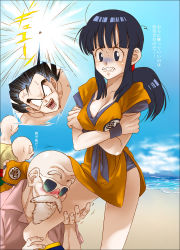  1girl 4boys age_difference anger_vein angry bald beach beard black_hair blush breast_hold breasts check_translation chi-chi_(dragon_ball) cleavage clenched_teeth clothes_writing cloud cosplay covered_erect_nipples crossdressing crossed_arms day dragon_ball dragonball_z drooling embarrassed emphasis_lines facial_hair flying groping highres hime_cut inset kuririn large_breasts legs long_hair multiple_boys muten_roushi ocean old old_man open_mouth outdoors ponytail saliva sky son_goku son_goku_(cosplay) sunglasses sweatdrop teeth tenshinhan translated translation_request turn_pale water wavy_mouth wristband you_gonna_get_raped yukimitsuki  rating:Questionable score:105 user:citrus