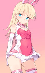  1girl 30_minutes_sisters animal_ears blonde_hair blue_eyes breasts clothes_lift covered_navel elbow_gloves expressionless fake_animal_ears gloves gluteal_fold leotard lifted_by_self lirinel_(30ms) long_hair microskirt pink_background pink_leotard rabbit_ears shimada_fumikane simple_background skirt skirt_lift small_breasts solo thighhighs thighs two-tone_leotard white_gloves white_leotard white_skirt white_thighhighs 