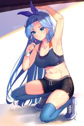 1girl abs arm_up armpits black_shorts black_sports_bra blue_footwear blue_hairband blue_thighhighs blush borrowed_character bow_hairband breasts candy cleavage collarbone commentary dolphin_shorts drawstring english_commentary food full_body hairband halterneck highres lollipop long_hair medium_breasts bae_minah_(chaesu) navel nike_(company) on_one_knee original product_placement shoes shorts signature sneakers solo sports_bra straight_hair thighhighs untied_footwear very_long_hair yokura_(yukilina) rating:Sensitive score:29 user:danbooru
