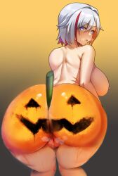 1girl ass ass_focus bare_shoulders between_buttocks blue_eyes blush bodypaint breasts cameltoe cleft_of_venus come_hither from_behind halloween honkai:_star_rail honkai_(series) huge_ass jack-o&#039;-lantern large_breasts leaning leaning_forward looking_at_viewer looking_back multicolored_hair naughty_face nipples pussy red_hair short_hair sideboob smile solo thick_thighs thighs topaz_(honkai:_star_rail) topless white_hair wisher rating:Explicit score:54 user:armorcrystal