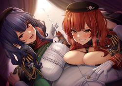 1boy 2girls :d :q absurdres aiguillette ass_grab azur_lane beret black_headwear blush bra_visible_through_clothes breast_press breasts brown_eyes cape censored center_frills cleavage commander_(azur_lane) commentary_request cooperative_handjob cum curtains dress ejaculation epaulettes frills glansjob gloved_handjob gloves handjob hat heavy_breathing hetero highres huge_breasts indoors long_hair looking_at_viewer lower_teeth_only lying male_pubic_hair military military_uniform momo_no_sukebe mosaic_censoring multiple_girls naval_uniform on_back open_mouth penis pola_(azur_lane) pov projectile_cum pubic_hair purple_hair red_eyes red_hair sidelocks skindentation smile smirk taut_clothes taut_dress teamwork teeth tongue tongue_out twintails underwear uniform white_gloves zara_(azur_lane) rating:Explicit score:144 user:danbooru