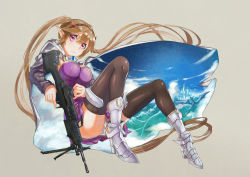 &gt;:/ 10s 1girl :/ armor armored_boots beige_background black_thighhighs blush boots bow breasts brown_hair cape castle closed_mouth dragon dress from_side full_body gun hairband hand_on_own_stomach high_heels holding holding_gun holding_weapon light_machine_gun long_hair long_sleeves m249 machine_gun medium_breasts mountain myucel_foalan outbreak_company panties pantyshot pointy_ears purple_dress purple_eyes ranyu ranyu_kuro red_bow simple_background sitting sky solo strapless strapless_dress thighhighs trigger_discipline twintails underwear v-shaped_eyebrows very_long_hair weapon weapon_request white_panties rating:Sensitive score:10 user:danbooru