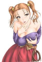 1girl bare_shoulders grabbing_another&#039;s_breast breast_lift breasts_squeezed_together breasts brown_eyes brown_hair dragon_quest dragon_quest_viii dress earrings covered_erect_nipples grabbing huge_breasts jessica_albert jewelry no_bra orange_hair purple_shirt shirt solo square_enix st.germain-sal strapless strapless_dress twintails rating:Questionable score:81 user:danbooru