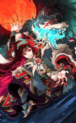 1girl animal_ears arm_up bandana black_footwear black_sleeves blue_fire bracelet breath_weapon breathing_fire brown_hair clenched_teeth coat coat_on_shoulders dress eyelashes fingernails fire full_moon fur_coat grass hokuto_(scichil) imaizumi_kagerou imaizumi_kagerou_(zodiac_race) incoming_attack jewelry layered_sleeves long_dress long_hair long_sleeves moon multiple_rings necklace night official_alternate_costume official_art open_mouth red_bandana red_eyes red_moon ring rock sandals scar scar_on_face sharp_fingernails sharp_teeth smile teeth third-party_source tooth_necklace touhou touhou_cannonball v-shaped_eyebrows very_long_hair white_sleeves wide_sleeves wolf wolf_ears