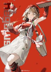  1girl :t apple arm_up arm_warmers armpits bare_shoulders beret bokyo bow bowtie brown_hair character_name diagonal-striped_bow diagonal-striped_bowtie diagonal-striped_clothes dress eating eyewear_hang feet_out_of_frame food fruit hands_up hat headphones headphones_around_neck highres holding holding_food holding_pizza leg_up looking_at_viewer loose_socks medium_dress official_alternate_costume party_hat pizza pizza_box pizza_hut pizza_slice red_arm_warmers red_background red_bow red_bowtie red_hat red_scarf red_shirt red_socks regulus_(reverse:1999) reverse:1999 scarf shirt short_hair sleeveless sleeveless_dress socks solo standing standing_on_one_leg strapless strapless_shirt striped_clothes striped_scarf sun traditional_bowtie unworn_eyewear weibo_logo weibo_watermark white_bow white_bowtie white_dress white_scarf yellow_eyes yellow_hat 