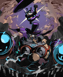  2boys arm_up big_nose cape coke-bottle_glasses count_cannoli facial_hair glasses grin hat hovercraft machine multiple_boys muscular mustache pointy_ears purple_cape purple_hat rinabee_(rinabele0120) smile smoke thief_wario top_hat wario wario:_master_of_disguise watercraft 