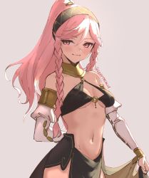  1girl :3 arm_behind_back armpits bracelet braid breasts dancer detached_sleeves female_focus fire_emblem fire_emblem_awakening fire_emblem_heroes hairband halterneck halterneck jewelry looking_at_viewer matching_hair/eyes medium_breasts midriff navel nintendo o-ring o-ring_top olivia_(fire_emblem) pink_eyes pink_hair ponytail skeptycally solo twin_braids  rating:Sensitive score:42 user:prettysharpman