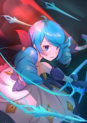 1girl absurdres ahoge bare_shoulders black_bow black_gloves blue_eyes bow chuansuyushan detached_sleeves dress drill_hair floating floating_object gloves grey_dress gwen_(league_of_legends) hair_bow highres holding holding_scissors league_of_legends needle oversized_object parted_lips puffy_short_sleeves puffy_sleeves scissors sewing_needle short_sleeves smile strapless strapless_dress teeth twin_drills rating:Sensitive score:5 user:danbooru