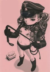  1girl armband backpack bag bandaid bandaids_on_nipples boots buruma cross drill_hair earrings female_focus gloves hat highres holding holding_whip iron_cross jewelry loli mole mole_above_mouth monochrome nazi neo_black pasties peaked_cap randoseru ruler scan solo standing swastika tagme tissue_box twintails whip 