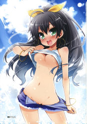  1girl black_hair blush breasts cleft_of_venus clothes_lift clothes_pull denim denim_shorts ganaha_hibiki green_eyes haga_yui highres idolmaster idolmaster_(classic) jewelry medium_breasts narrow_waist navel nipples no_panties open_mouth pinky_out presenting pulled_by_self pussy shirt_lift shorts shorts_pull smile solo uncensored  rating:Explicit score:234 user:danbooru