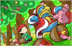  1girl adeleine anger_vein angry apple basket beret blank_eyes clenched_hand closed_eyes food forest fruit hat holding holding_basket king_dedede kirby kirby_(series) kirby_64 nature nintendo okiza_yuuri pom_pom_(clothes) red_hat teeth tree waddle_dee 