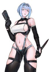  1girl absurdres aqua_eyes black_gloves black_pantyhose blood bloody_knife bloody_weapon blue_hair breasts clothing_cutout commentary dagger detached_sleeves empty_eyes gloves gun hair_intakes handgun highres holding holding_dagger holding_gun holding_knife holding_weapon iuui knife light_blue_hair looking_to_the_side navel original pantyhose parted_lips revealing_clothes reverse_grip short_hair sideboob sideboob_cutout sidelocks solo suspender_pantyhose suspenders symbol-only_commentary tank_top teeth thigh_cutout thigh_strap upper_teeth_only weapon white_tank_top 