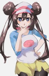  1girl :o asatte_3z black_pantyhose blue_eyes breasts bright_pupils brown_hair creatures_(company) double_bun game_freak hair_between_eyes hair_bun hand_on_own_hip hand_up highres long_hair medium_breasts nintendo open_mouth pantyhose pantyhose_under_shorts pokemon pokemon_bw2 raglan_sleeves rosa_(pokemon) shirt shorts simple_background sleeves_past_elbows solo thinking twintails v-shaped_eyebrows visor_cap white_background white_pupils yellow_shorts 