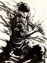  1boy bandana brushbox2022 closed_mouth commentary_request cowboy_shot earrings greyscale highres holding holding_sword holding_weapon jewelry male_focus monochrome one_eye_closed one_piece roronoa_zoro scar scar_across_eye simple_background sleeves_rolled_up solo sumi-e sword unsheathed weapon 