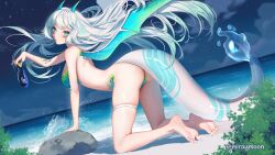  1girl absurdres animal ass barefoot blue_eyes blue_horns blue_scales breasts bush cloud dragon_girl dragon_horns dragon_tail dragon_wings eyelashes fish gradient_hair gradient_horns gradient_scales green_hair green_horns green_scales grey_hair highres holding holding_animal holding_fish horns indie_virtual_youtuber large_breasts long_hair miraymoon momochan_(vtuber) multicolored_hair multicolored_horns ocean regal_blue_tang rock scales skindentation sky solo star_(sky) starry_sky tail thigh_strap toes twitter_username virtual_youtuber water wings 