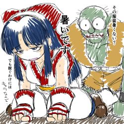 1boy 1girl artist_name blue_eyes blue_hair breasts constricted_pupils dated fingerless_gloves gen-an gloves hair_ribbon highres japanese_text legs long_hair medium_breasts nakoruru oekaki open_mouth pants ribbon samurai_spirits shoes sitting small_breasts snk surprised sweat thighs torn_clothes translation_request wide-eyed