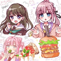  2girls :d :o ahoge anyoji_hime aqua_neckerchief black_ribbon blue_eyes blunt_bangs blush brown_dress brown_hair burger commentary_request dango doodle_inset dress eating food fujishima_megumi hair_ribbon hasu_no_sora_school_uniform holding holding_food hood hooded_jacket jacket kemari_(falmari6) link!_like!_love_live! long_hair long_sleeves looking_at_another love_live! multi-tied_hair multiple_girls neckerchief oekaki open_clothes open_jacket open_mouth pink_hair pink_jacket pizza pizza_slice ponytail purple_eyes ribbon sailor_collar sailor_dress school_uniform sidelocks smile swept_bangs translation_request two_side_up virtual_youtuber wagashi white_background white_sailor_collar winter_uniform yellow_neckerchief 