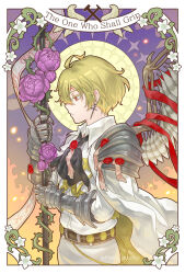  1boy absurdres ahoge armor ascot black_ascot blonde_hair cowboy_shot english_text flower from_side gauntlets halberd highres limbus_company melo_quince plant polearm project_moon red_eyes red_ribbon ribbon rose short_hair shoulder_armor sinclair_(project_moon) solo vines weapon wings  rating:General score:2 user:danbooru