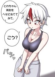  1girl bare_shoulders breasts breasts_squeezed_together cleavage collarbone cowboy_shot eyelashes han&#039;you_no_yashahime highres higurashi_towa inuyasha large_breasts looking_down midriff multicolored_hair navel open_mouth red_eyes red_hair short_hair simple_background solo sports_bra standing tomboy translated tsurime v_arms white_background white_hair  rating:Sensitive score:25 user:PBT867