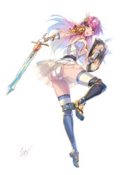  1girl arm_shield armor boots breasts fingerless_gloves gloves green_eyes hair_ornament highres holding holding_sword holding_weapon kazeno large_breasts long_hair nipple_slip nipples no_bra original panties pink_hair shoulder_armor solo sword thighhighs thighhighs_under_boots underwear weapon white_background white_gloves white_panties white_thighhighs 