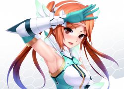 1girl :d armpits bare_shoulders blush bodysuit brown_eyes brown_hair detached_sleeves elbow_gloves eto gloves grey_background looking_at_viewer md5_mismatch miraselia open_mouth phantasy_star phantasy_star_online_2 quna_(pso2) resolution_mismatch simple_background smile source_larger white_gloves rating:Sensitive score:25 user:danbooru