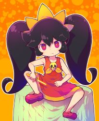  1girl ashley_(warioware) big_hair black_hair dress fang frown hairband highres holding mary_janes nintendo on_table orange_background orange_hairband orange_trim outline red_dress red_eyes red_footwear sakurabe_notos shoes sitting skull_brooch sleeveless sleeveless_dress solo spread_legs table tablecloth twintails wand warioware white_outline 