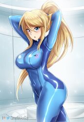  1girl :o arms_behind_head arms_up blonde_hair blue_bodysuit blue_eyes blush bodysuit breasts canadiananiguy cowboy_shot hands_in_hair highres impossible_bodysuit impossible_clothes large_breasts long_hair looking_at_viewer metroid mole mole_under_mouth nintendo ponytail samus_aran shiny_clothes skin_tight solo thighs zero_suit 