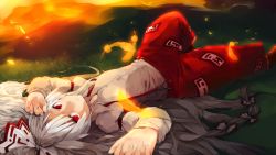  1girl bad_id bad_pixiv_id blurry bow depth_of_field dress_shirt feathers female_focus fire fire fujiwara_no_mokou grass hair_bow highres imoko_(imonatsuki) imouko long_hair looking_at_viewer looking_up lying on_back open_mouth outdoors pants parted_lips red_eyes shirt smoke solo suspenders touhou upside-down very_long_hair wallpaper white_hair  rating:Sensitive score:10 user:Anonymous_Angel