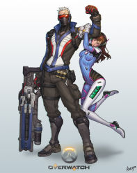 1boy 1girl ^_^ arm_hug battle_rifle belt_pouch bodysuit brown_hair closed_eyes d.va_(overwatch) explosive facial_mark fatherly flexing grenade grey_hair gun headphones height_difference highres jacket katoyo85 lifting_person manly mask overwatch overwatch_1 pilot_suit pouch rifle scar smile soldier:_76_(overwatch) weapon whisker_markings zipper rating:Sensitive score:34 user:dmysta3000