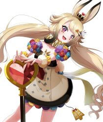  1girl absurdres animal_ears anon_non bare_shoulders black_hair blonde_hair crown dress fukurou_(hukurou) gradient_hair highres indie_virtual_youtuber key key_hair_ornament low_twintails mini_crown multicolored_hair playing_card_theme prism_project purple_eyes rabbit_ears rabbit_girl rabbit_tail solo tail twintails 