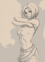  1girl blue_mary breasts clothes_lift fatal_fury highres large_breasts legs lifting_own_clothes monochrome navel nipples no_bra pants shirt_lift short_hair smile snk solo the_king_of_fighters thighs topless undressing 