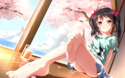 10s 1girl ass bare_legs barefoot black_hair blush casual cherry_blossoms crossed_legs drink feet foot_focus full_body heart heart-shaped_pupils highres legs looking_at_viewer love_live! love_live!_school_idol_project porch red_eyes sitting smile soles solo symbol-shaped_pupils toenails toes twintails wooden_floor xiao_ren yazawa_nico rating:Sensitive score:266 user:danbooru