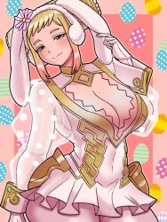  1girl alternate_costume armor blonde_hair breasts cosplay easter_egg egg fire_emblem fire_emblem_heroes gradient_hair henriette_(fire_emblem) highres large_breasts mnejing30 multicolored_hair nintendo pauldrons pink_hair see-through see-through_sleeves sharena_(fire_emblem) sharena_(fire_emblem)_(cosplay) shoulder_armor single_pauldron solo 